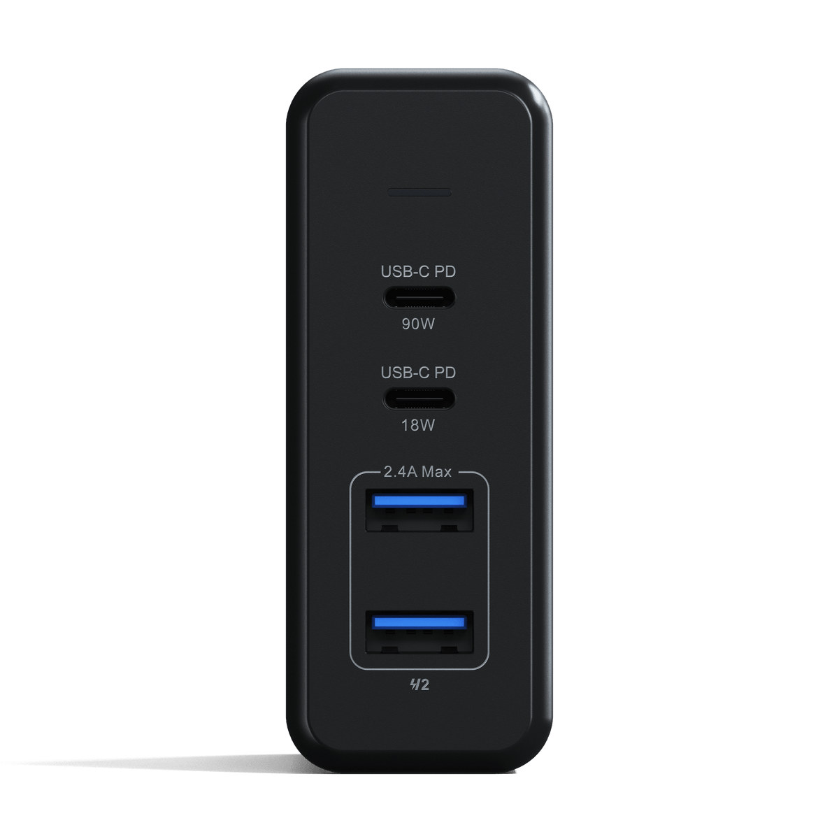 108W Pro USB-C PD Desktop Charger, front view of ports: USB-C PD 90W, USB-C PD 18W, 2 USB-A 2.4A max