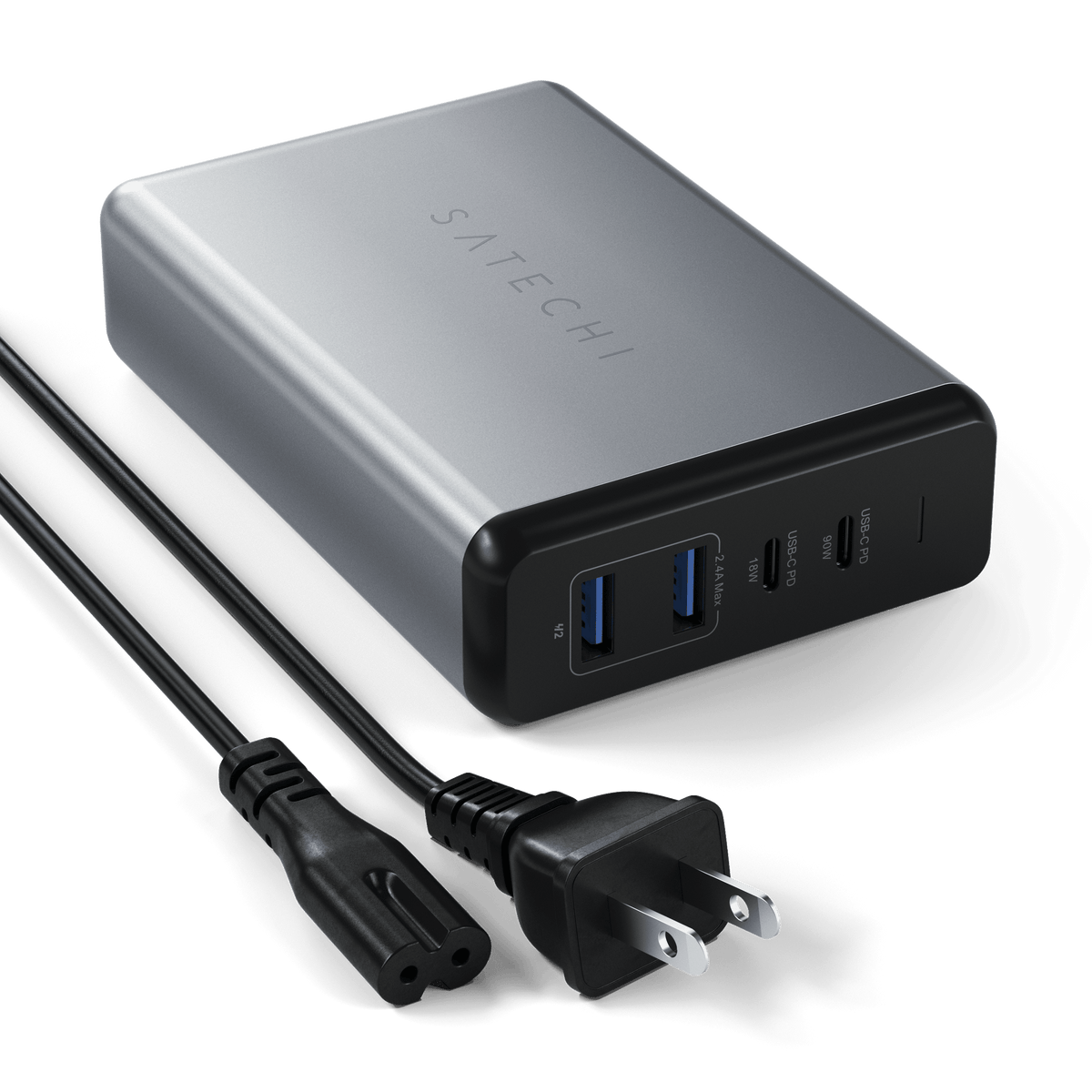 108W Pro USB-C PD Desktop Charger with its power cord, top angled view
