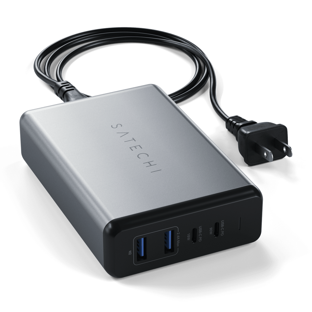 108W Pro USB-C PD Desktop Charger with its power cord, back angled view