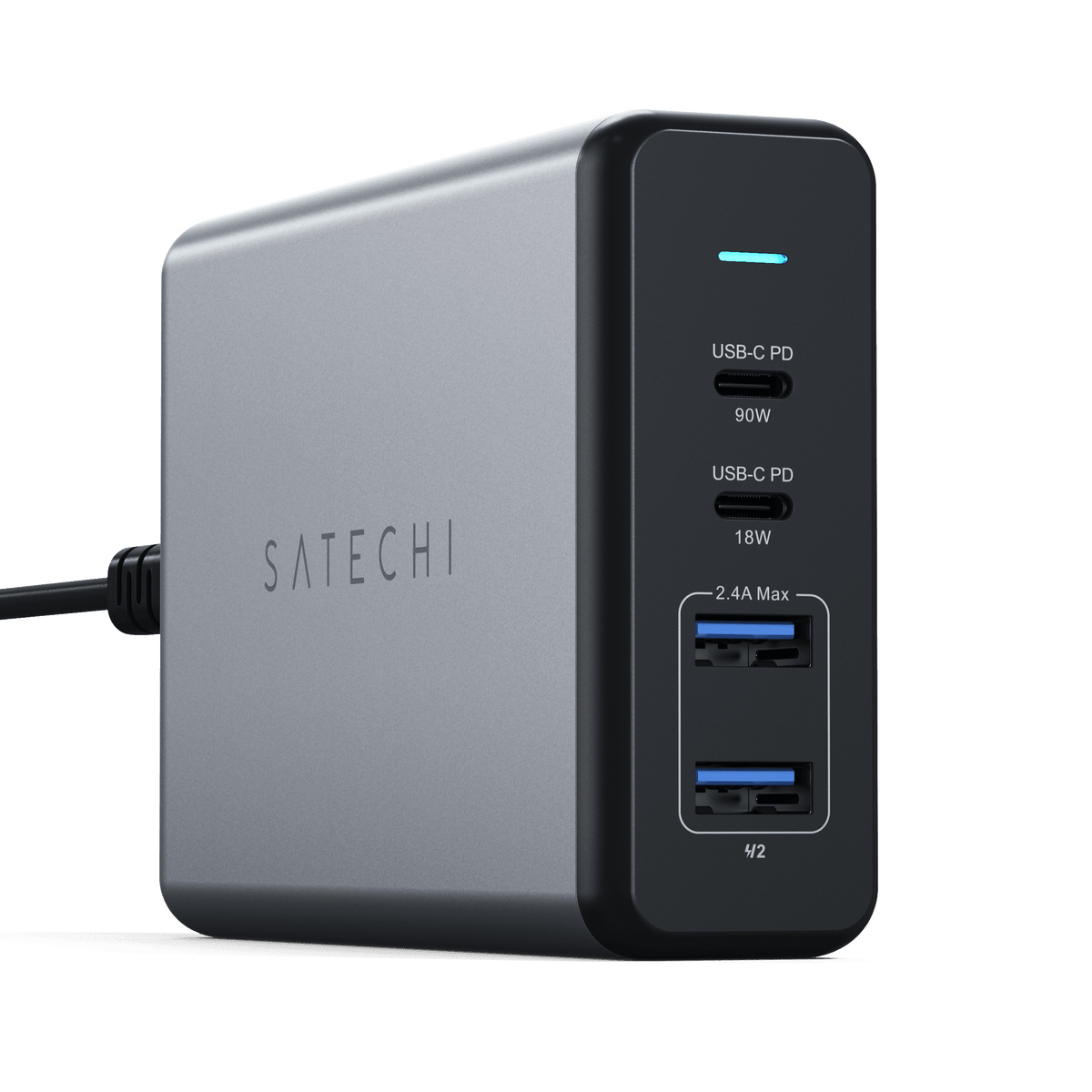 108W Pro USB-C PD Desktop Charger with power light on, front angled view