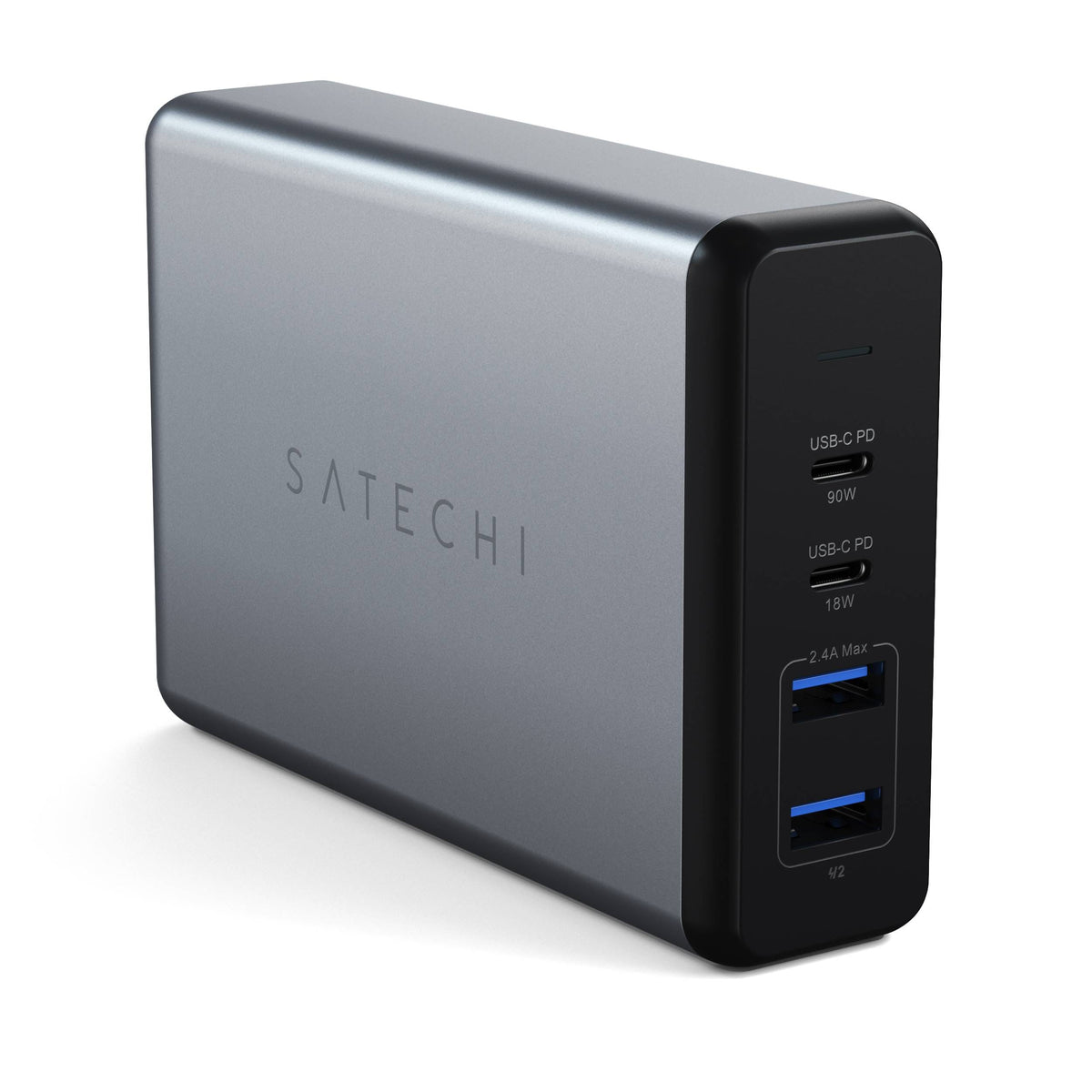 Satechi 108W Pro USB-C PD Desktop Charger in Space Gray, angled view of ports