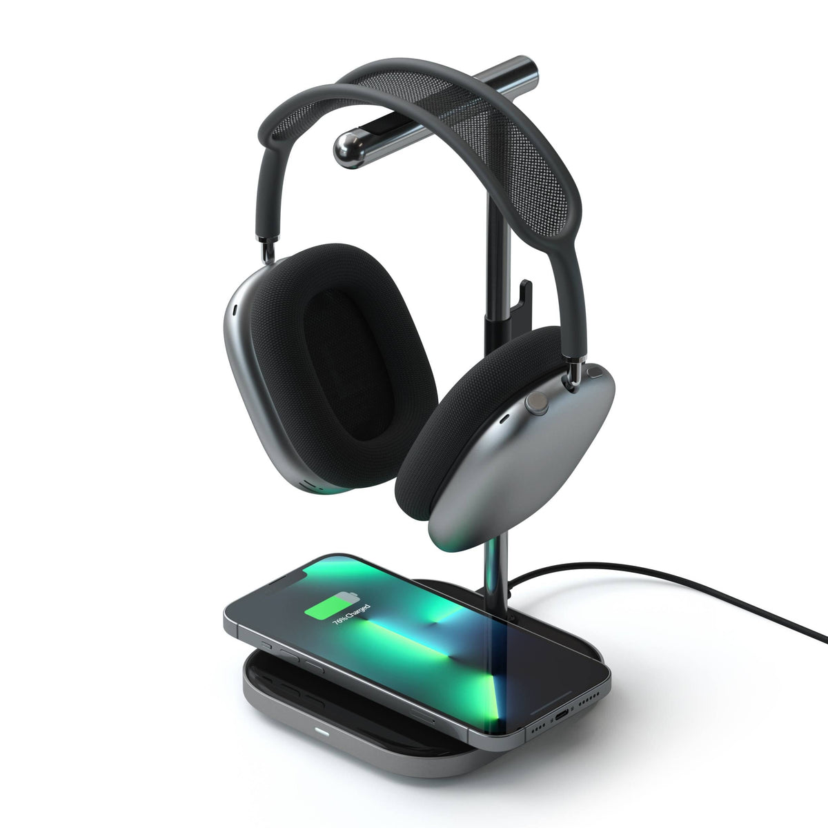 Satechi 2-in-1 Headphone Stand with Wireless Charger holding AirPods Max while charging an iPhone on its base