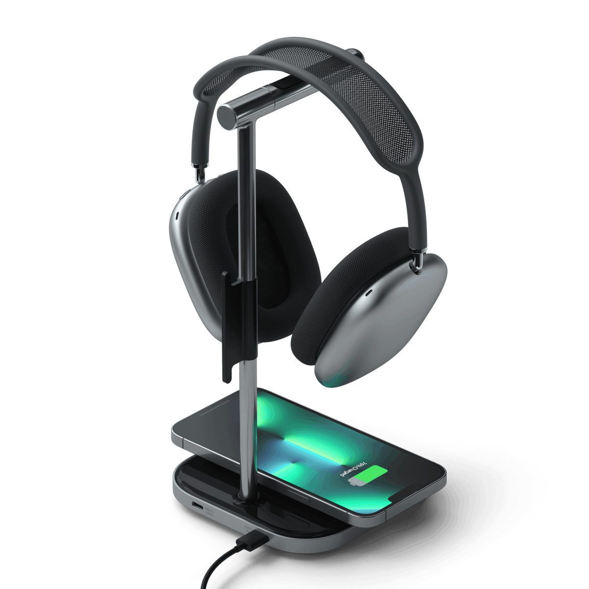 2-in-1 Headphone Stand with Wireless Charger holding AirPods Max and charging an iPhone, front view