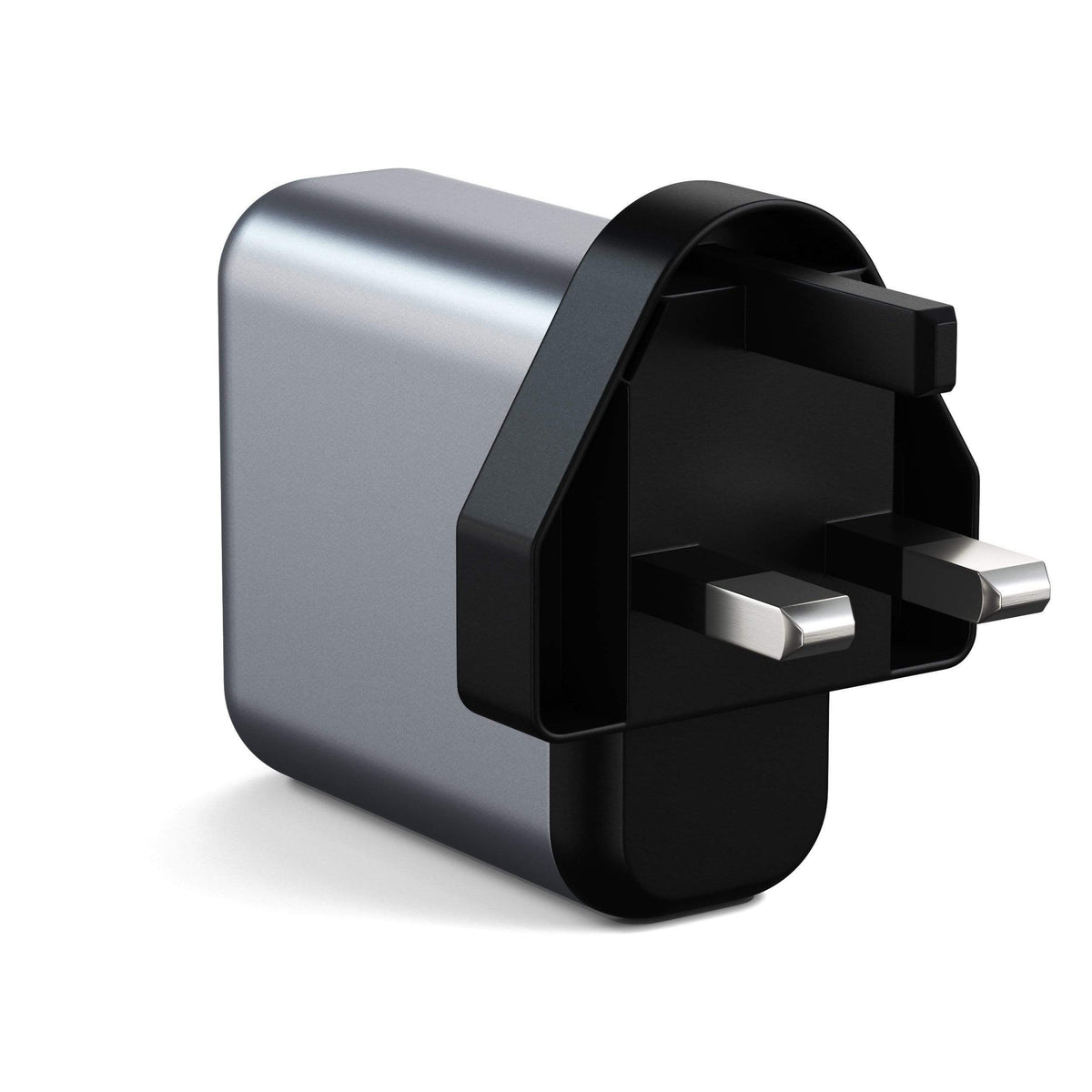 30W Dual-Port Wall Charger, UK plug, back angled view of prongs