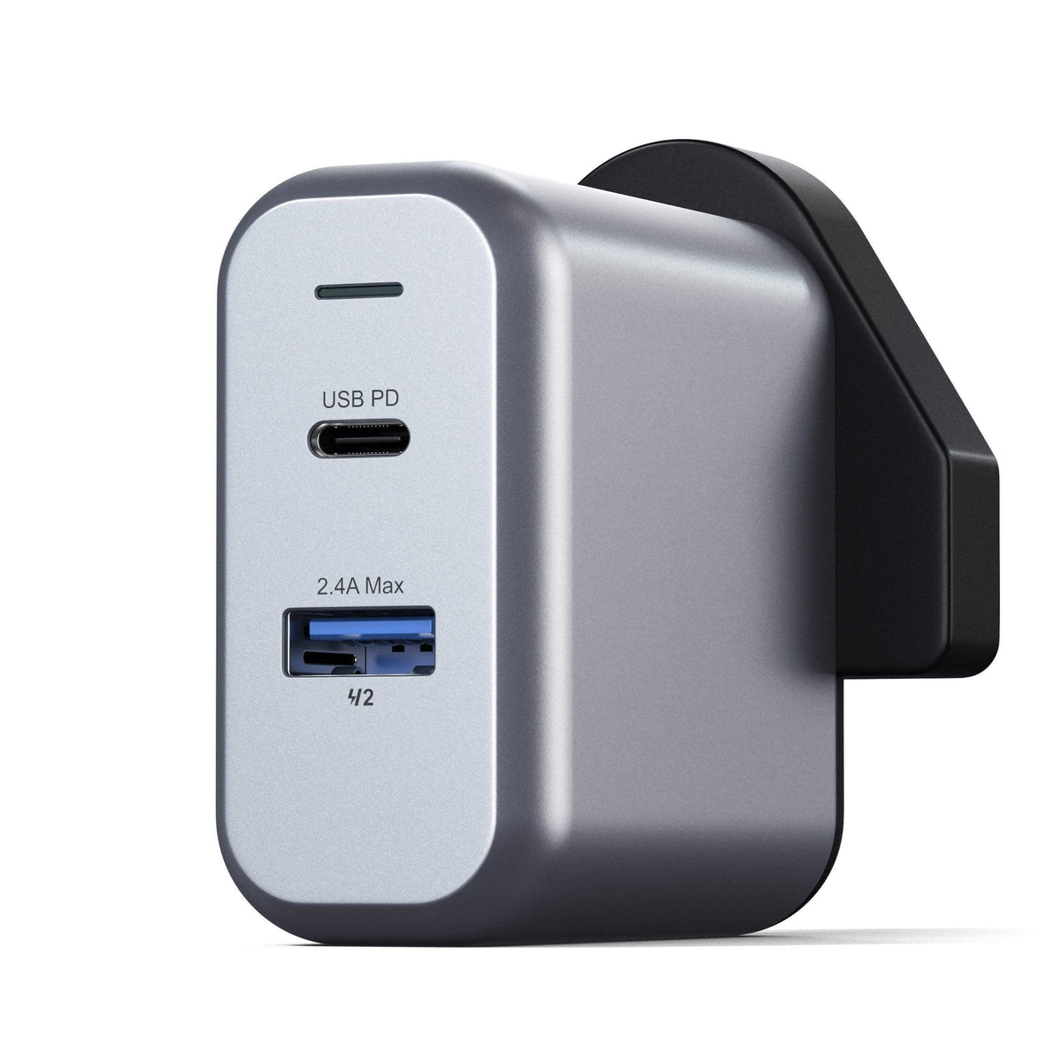 30W Dual-Port Wall Charger, UK plug, angled view of ports