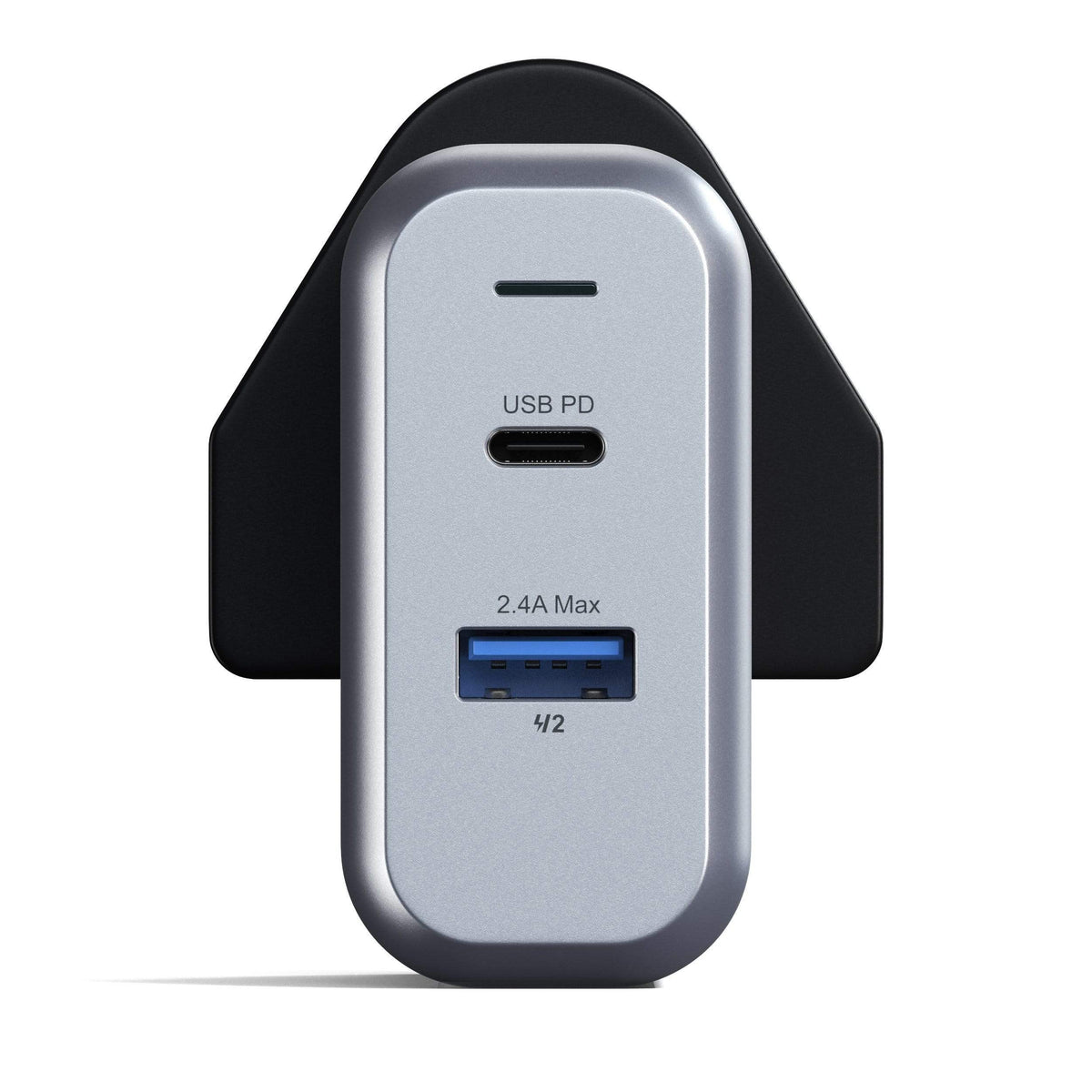 30W Dual-Port Wall Charger, UK plug, front view of ports
