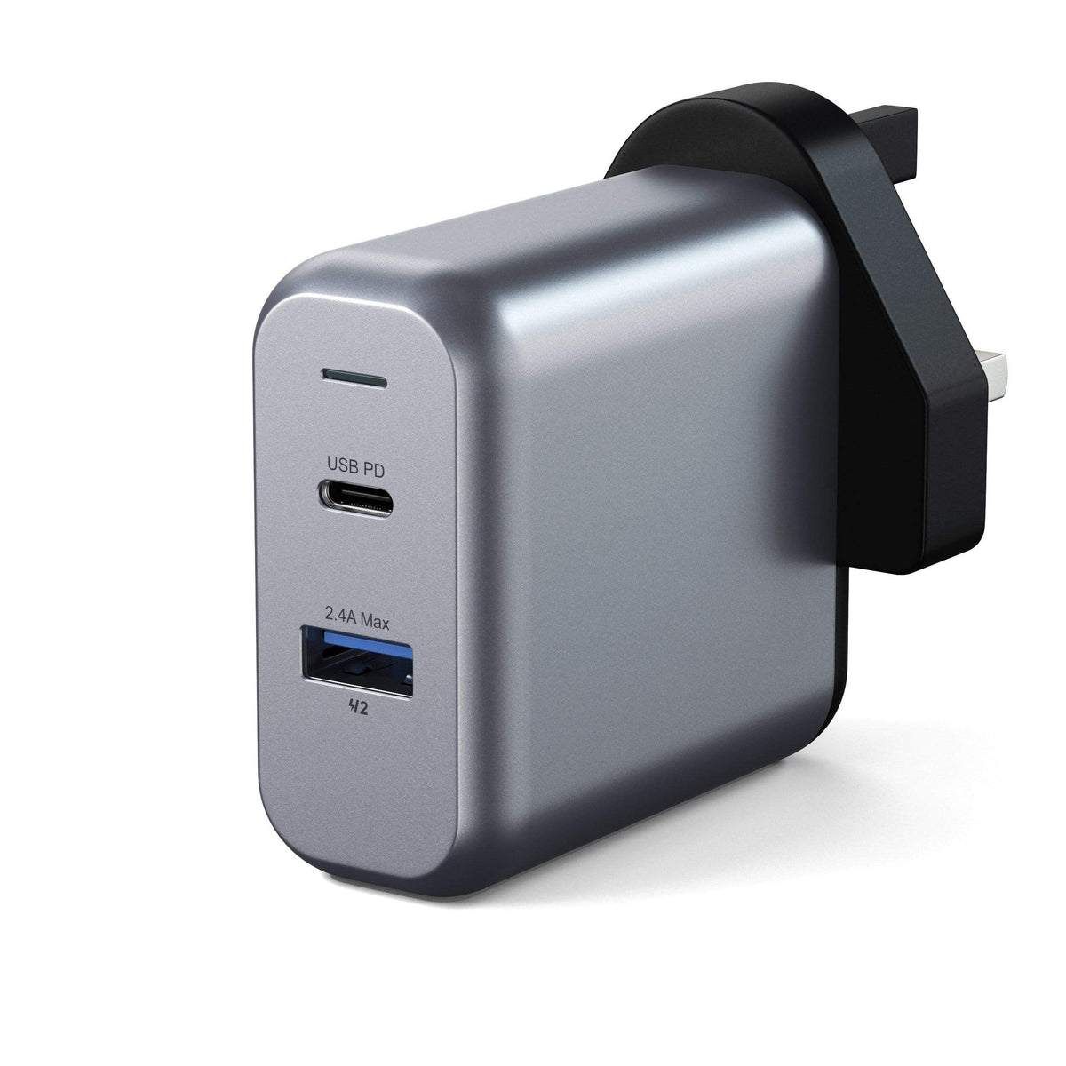 30W Dual-Port Wall Charger, UK plug, side angled view