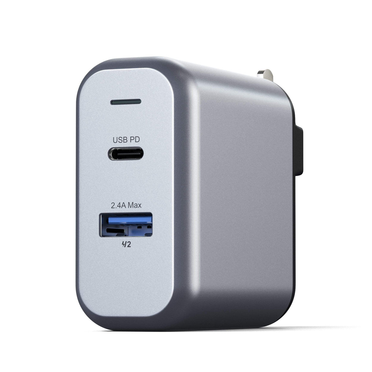 30W Dual-Port Wall Charger, US plug, angled view of ports