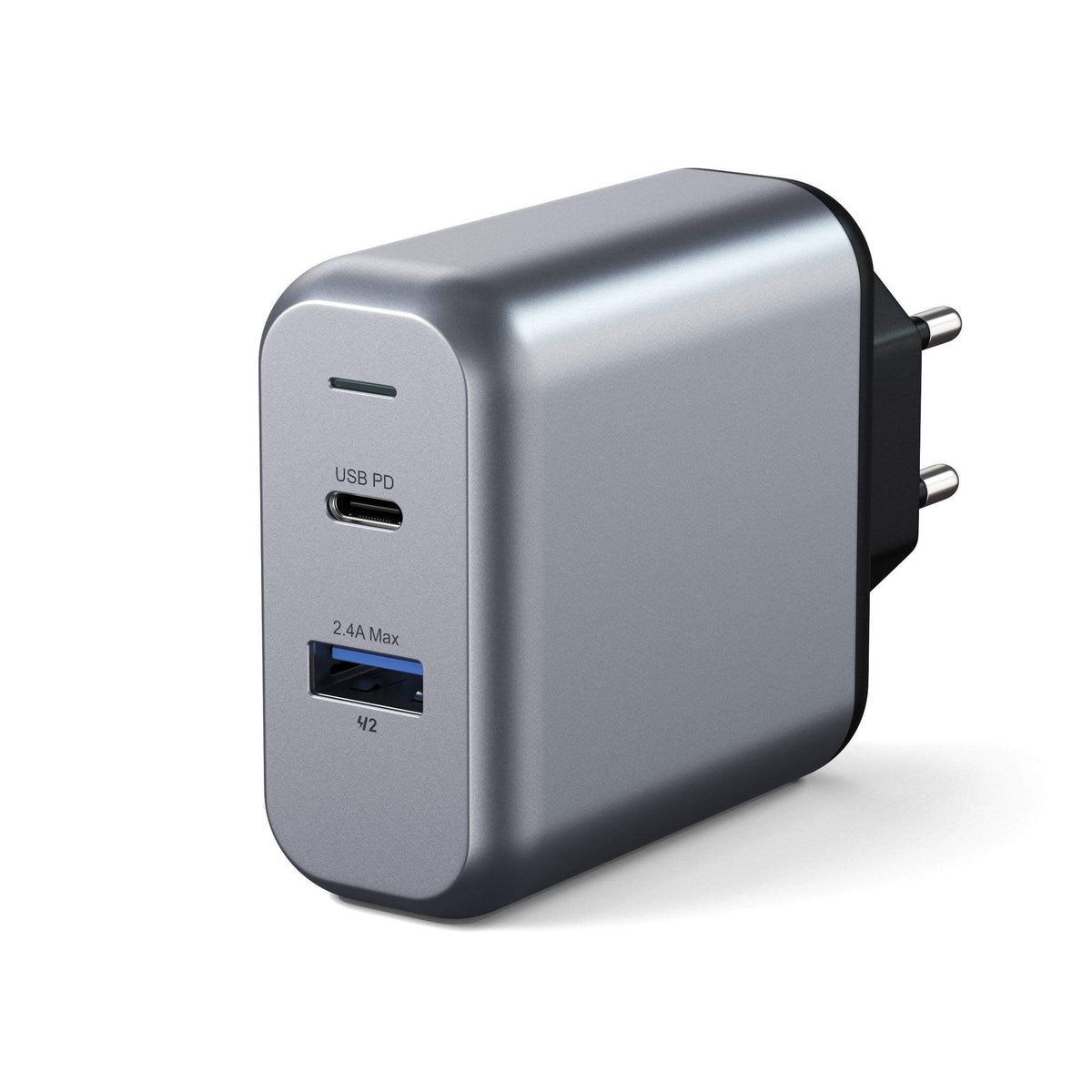 30W Dual-Port Wall Charger, EU plug, side angled view