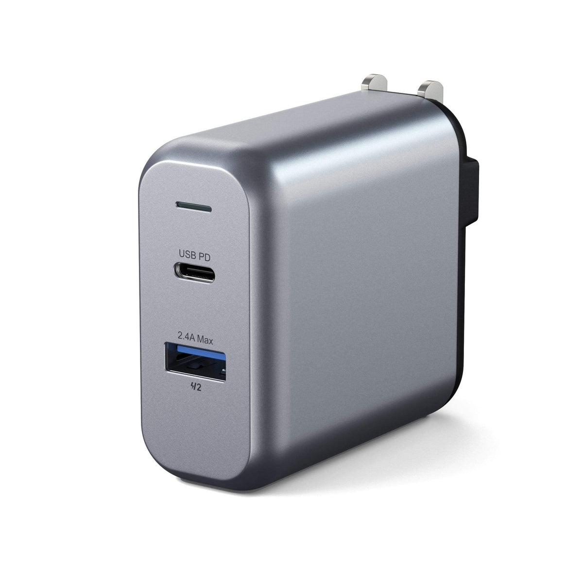 30W Dual-Port Wall Charger, US plug, side angled view