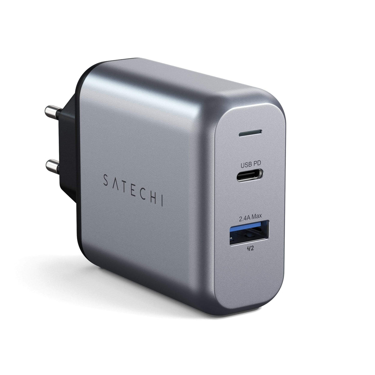 Satechi 30W Dual-Port Wall Charger, EU plug, angled front view of USB-C PD and USB-A ports