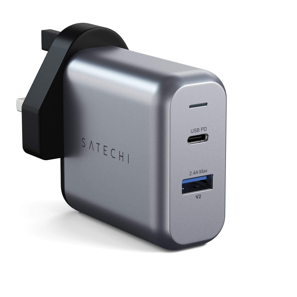 Satechi 30W Dual-Port Wall Charger, UK plug, angled front view of USB-C PD and USB-A ports