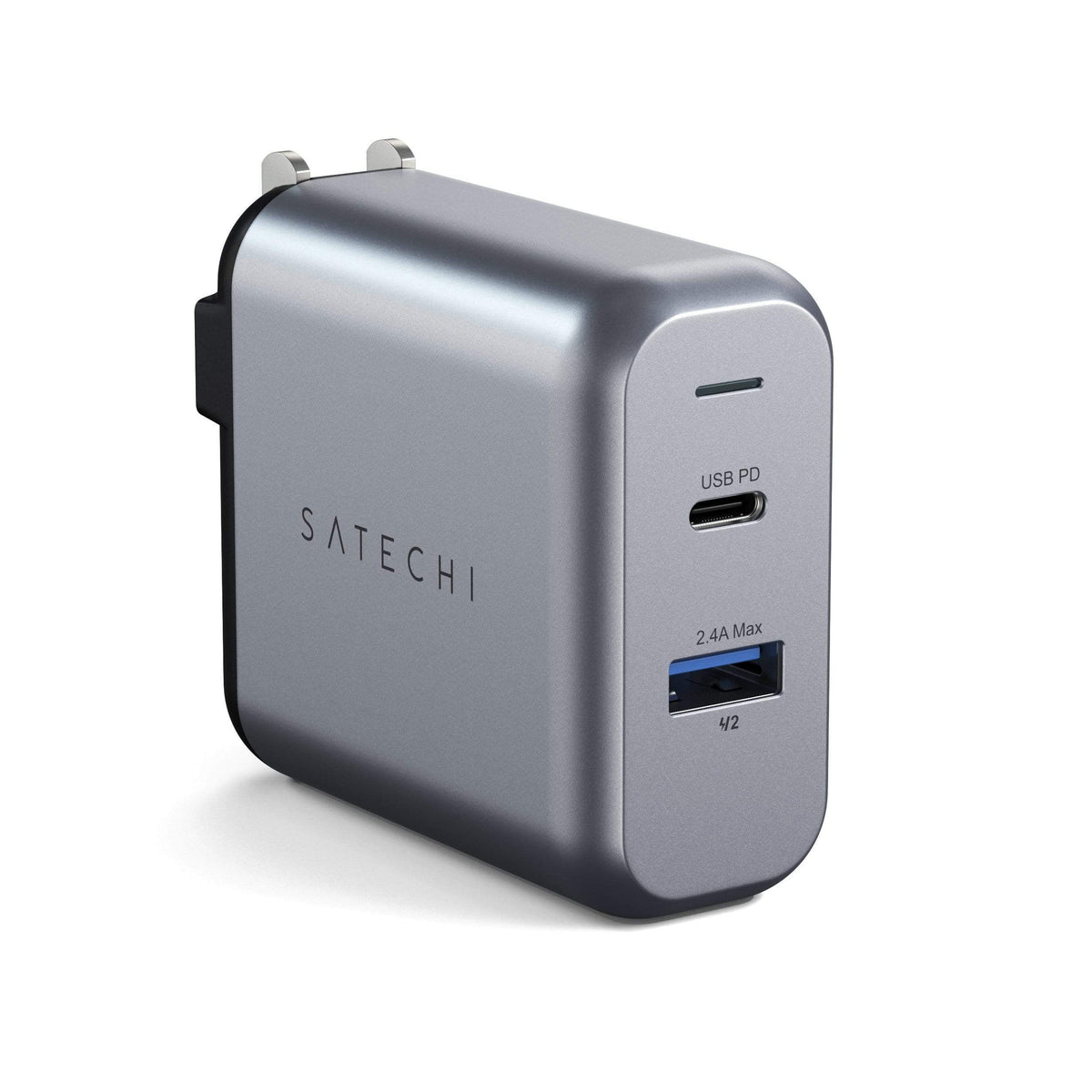 Satechi 30W Dual-Port Wall Charger, US plug, angled front view of USB-C PD and USB-A ports