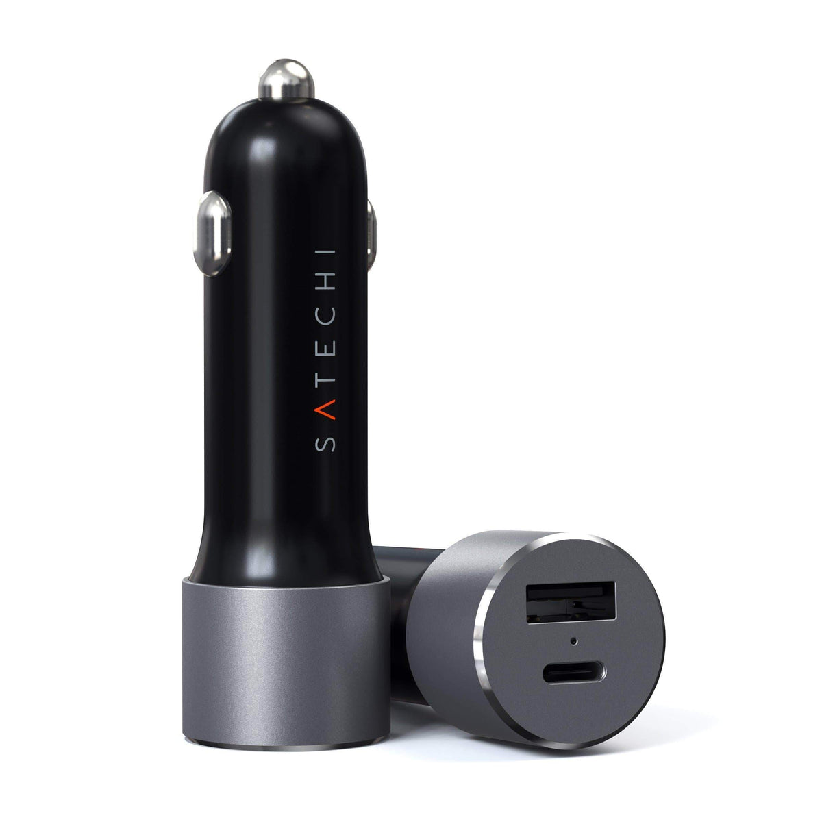 Satechi 72W Type-C PD Car Charger Adapter in Space Gray, standing and lying views showing USB-C and USB-A ports