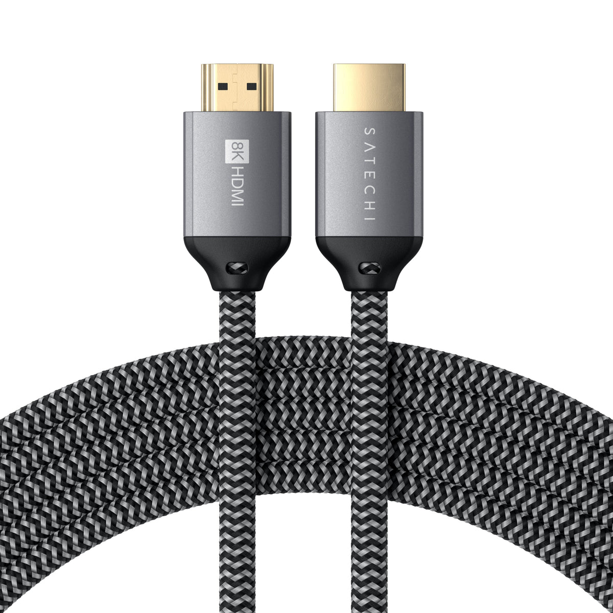 Satechi 8K Ultra High Speed HDMI Cable, both connectors over the coiled braided cable
