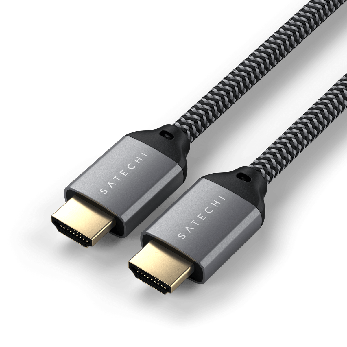 8K Ultra High Speed HDMI Cable, angled close up of gold-plated HDMI connectors