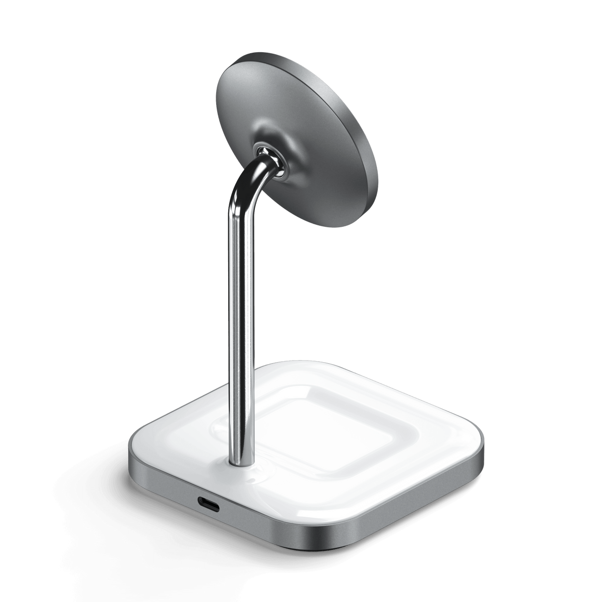 Aluminum 2-in-1 Magnetic Wireless Charging Stand empty, back angled view showing USB-C port