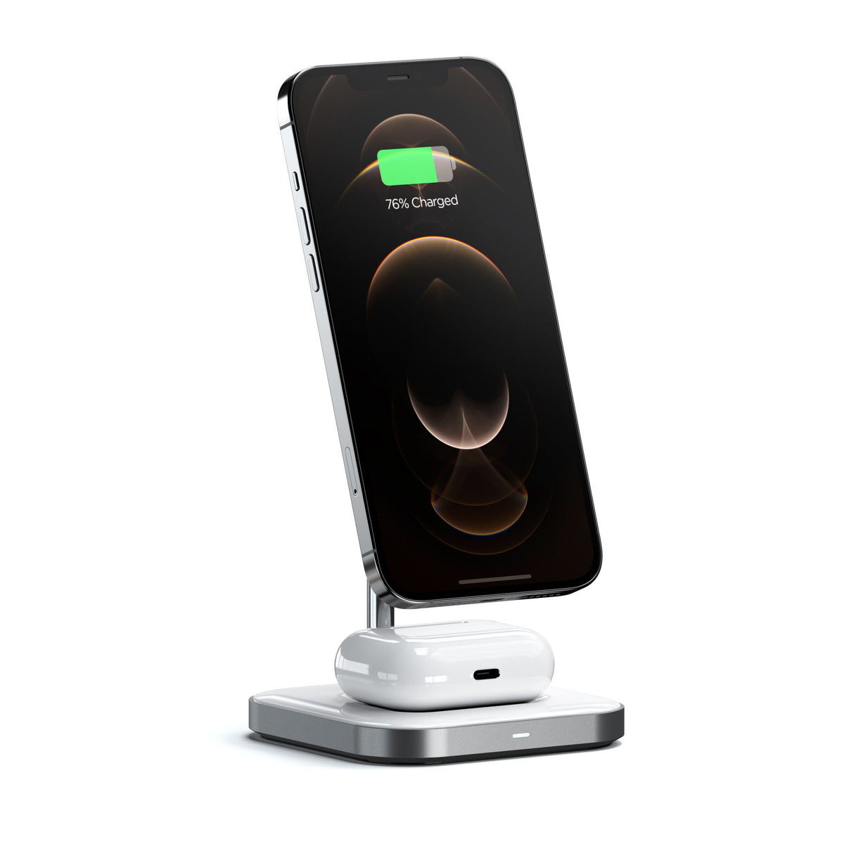 Satechi Aluminum 2-in-1 Magnetic Wireless Charging Stand charging an iPhone upright and AirPods on the base