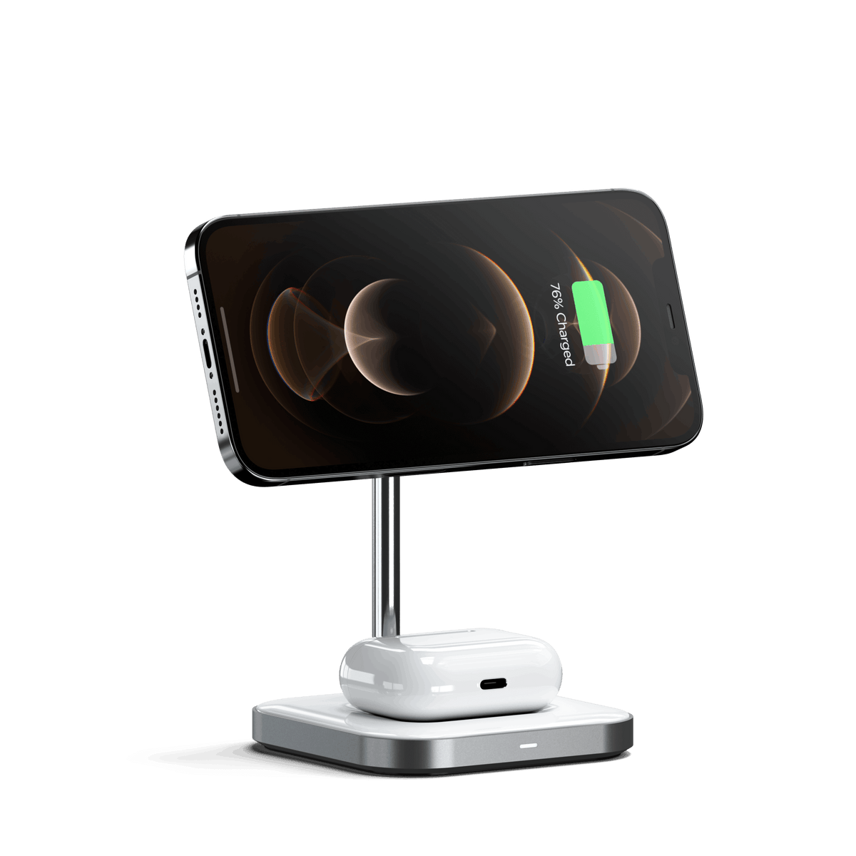 Aluminum 2-in-1 Magnetic Wireless Charging Stand charging an iPhone sideways and AirPods on the base