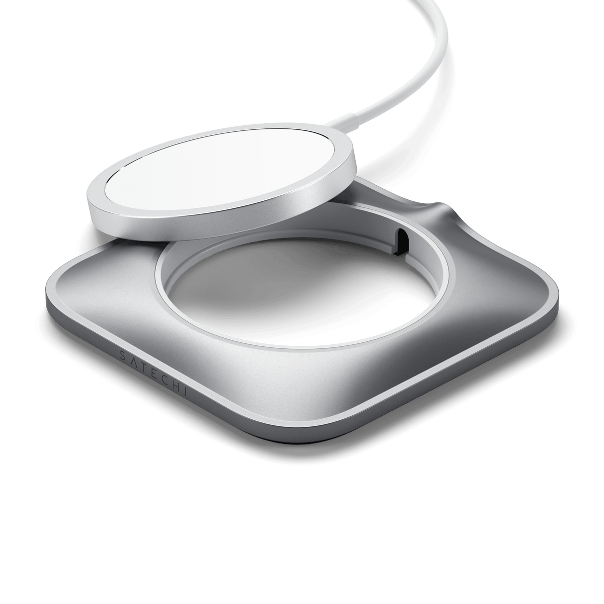 Aluminum Dock for MagSafe Charger with a MagSafe charger being placed into it
