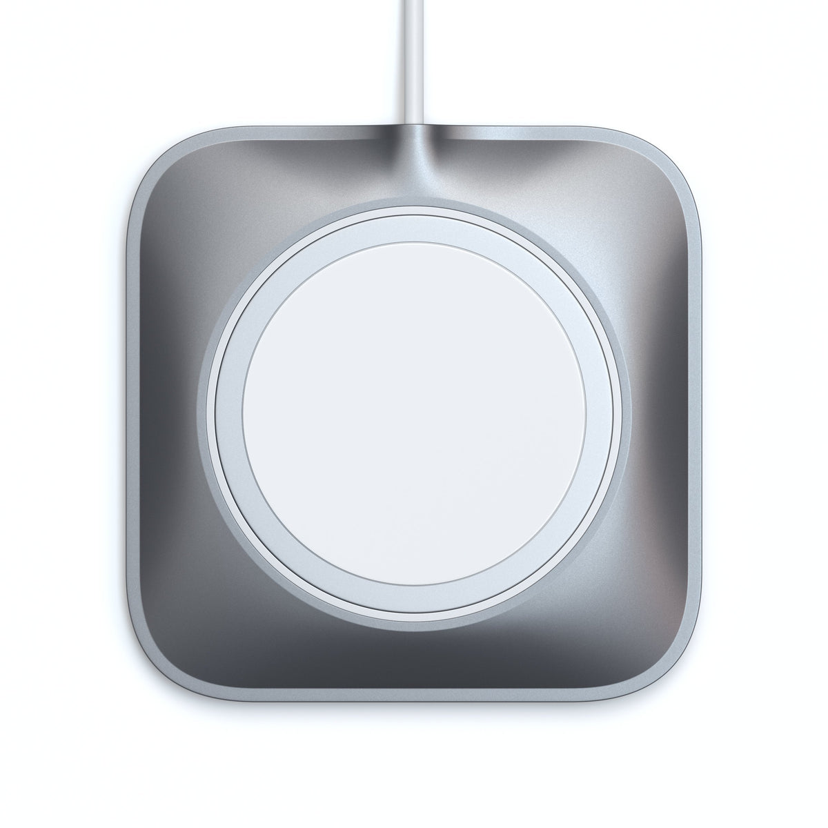 Satechi Aluminum Dock for MagSafe Charger holding a MagSafe charger, top view