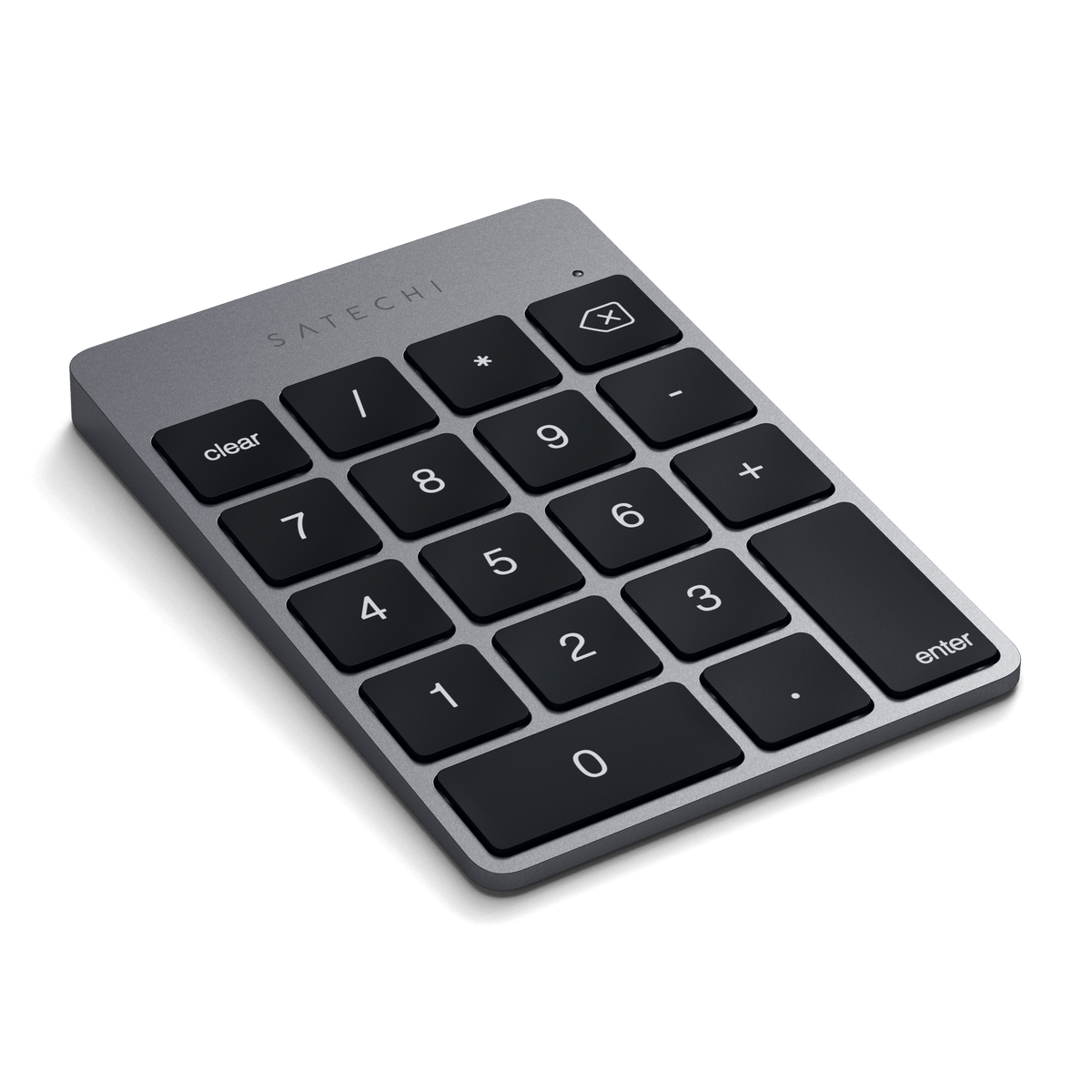 Aluminum Slim Rechargeable Bluetooth Keypad in Space Gray, angled view