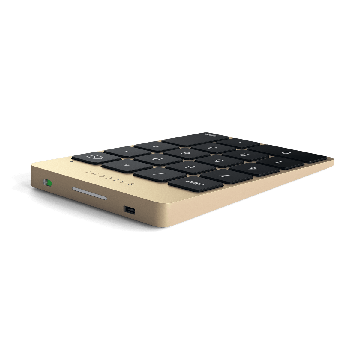 Aluminum Slim Rechargeable Bluetooth Keypad in Gold, back edge view showing charging port
