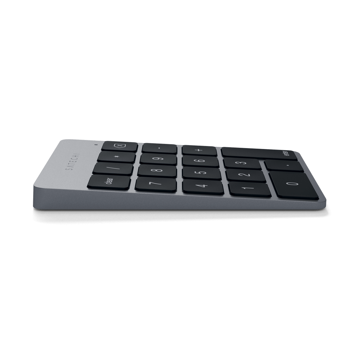 Aluminum Slim Rechargeable Bluetooth Keypad in Space Gray, side view