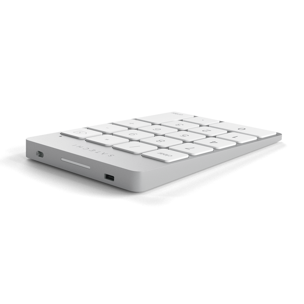 Aluminum Slim Rechargeable Bluetooth Keypad in Silver, back edge view showing charging port