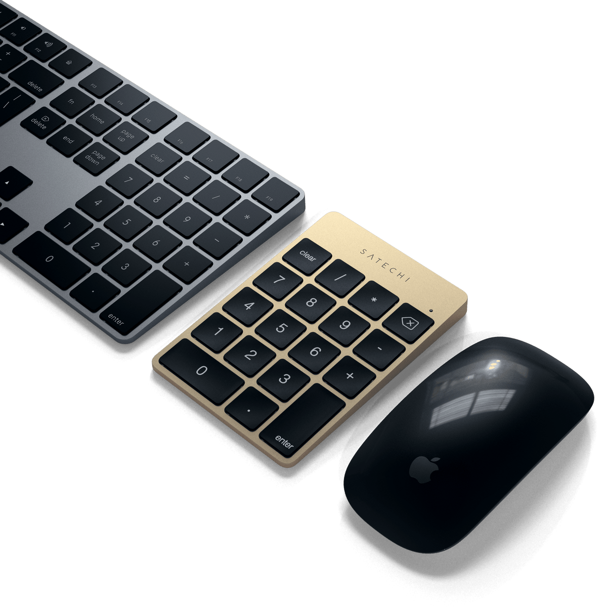 Aluminum Slim Rechargeable Bluetooth Keypad in Gold next to a keyboard and mouse