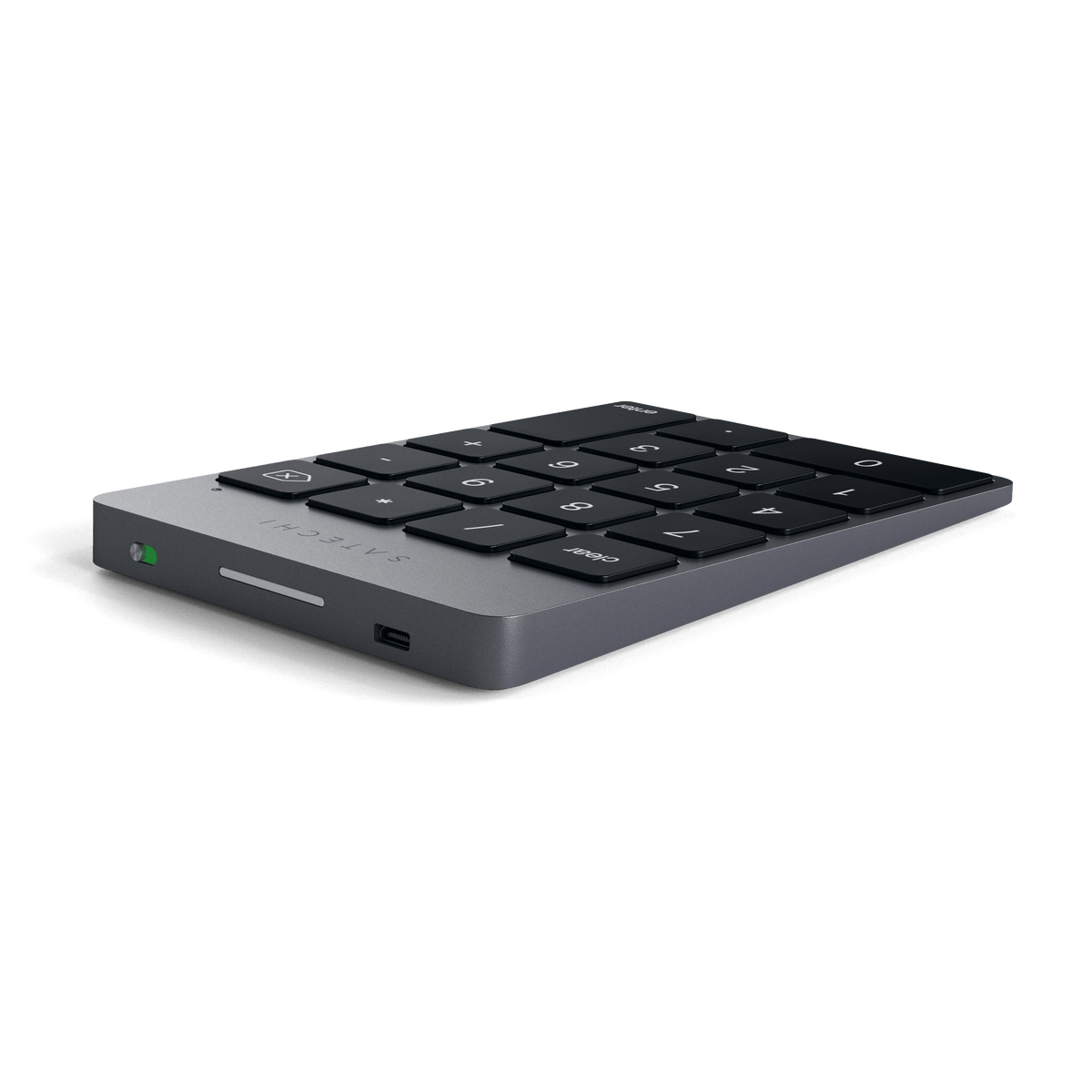 Aluminum Slim Rechargeable Bluetooth Keypad in Space Gray, back edge view showing charging port