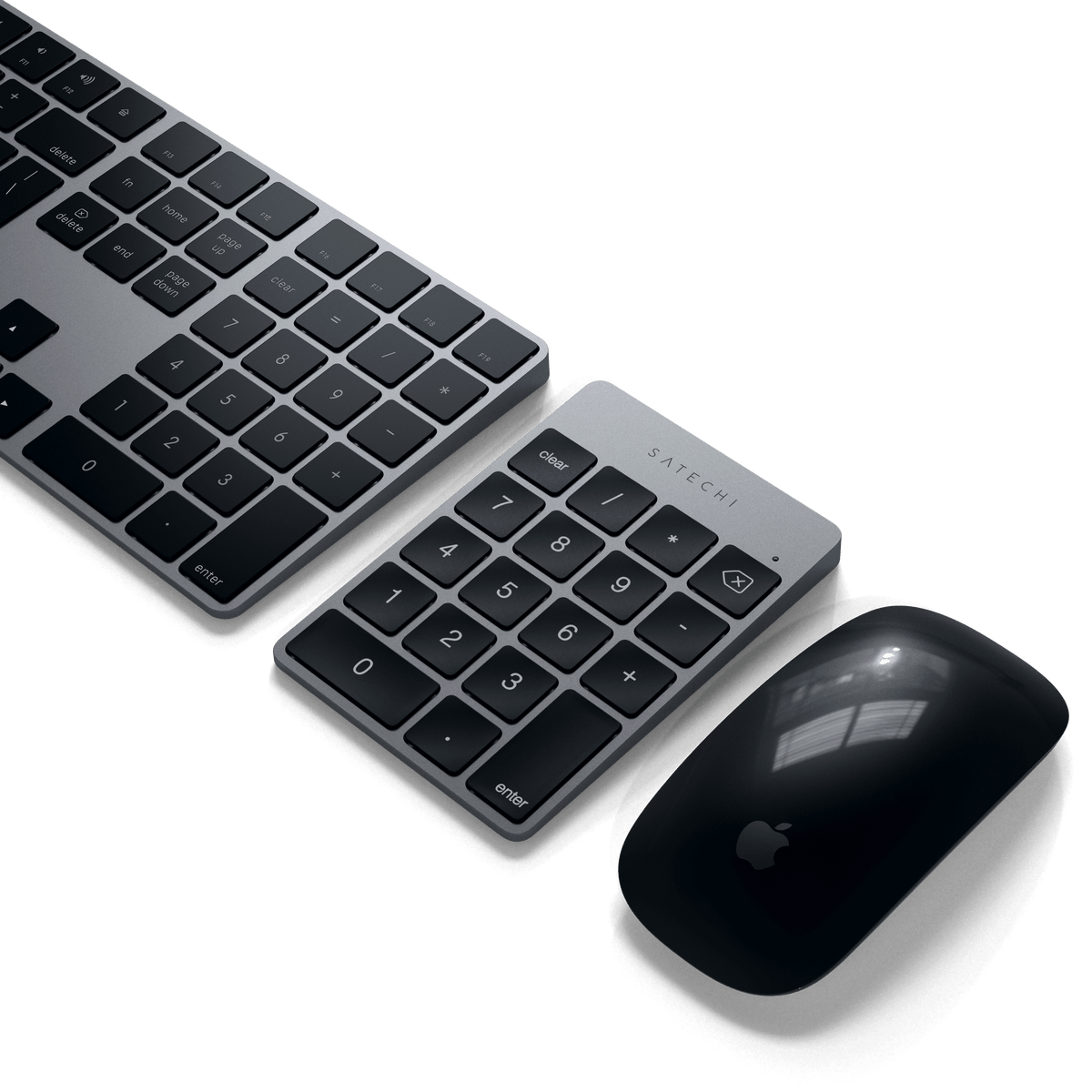 Aluminum Slim Rechargeable Bluetooth Keypad in Space Gray next to a keyboard and mouse