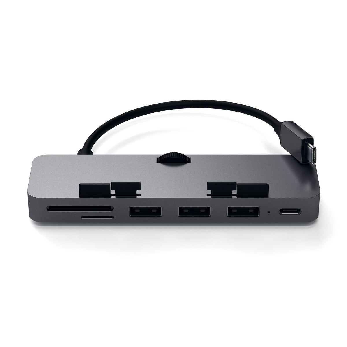 Aluminum Type-C Clamp Hub Pro in Space Gray, front view of ports