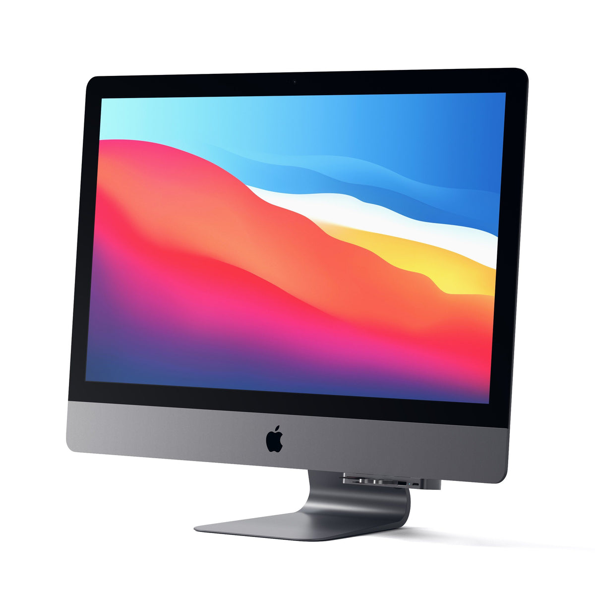 Aluminum Type-C Clamp Hub Pro in Space Gray clamped under an iMac screen, angled view