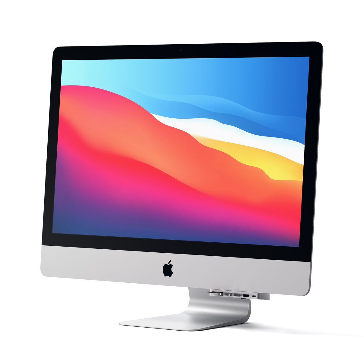 Aluminum Type-C Clamp Hub Pro in Silver clamped under the screen of an iMac