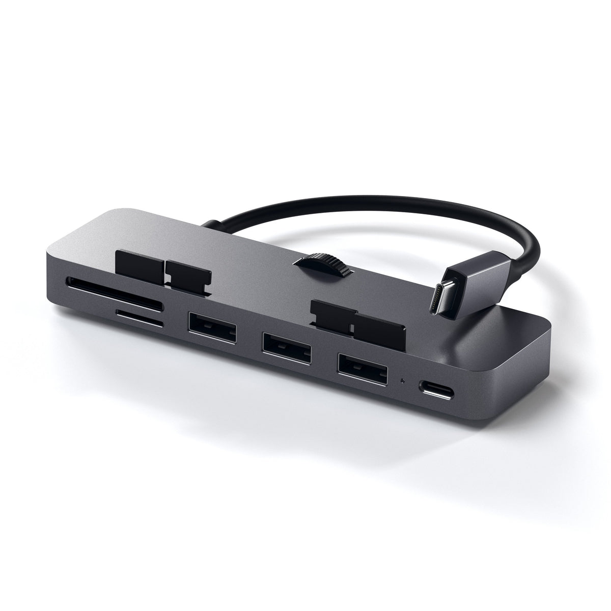 Satechi Aluminum Type-C Clamp Hub Pro in Space Gray, angled view of ports and clamps