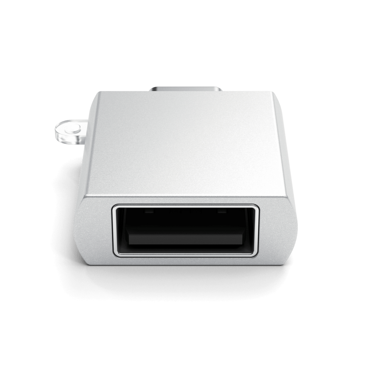 Aluminum USB-C to USB-A 3.0 Adapter in Silver, front view of USB-A port