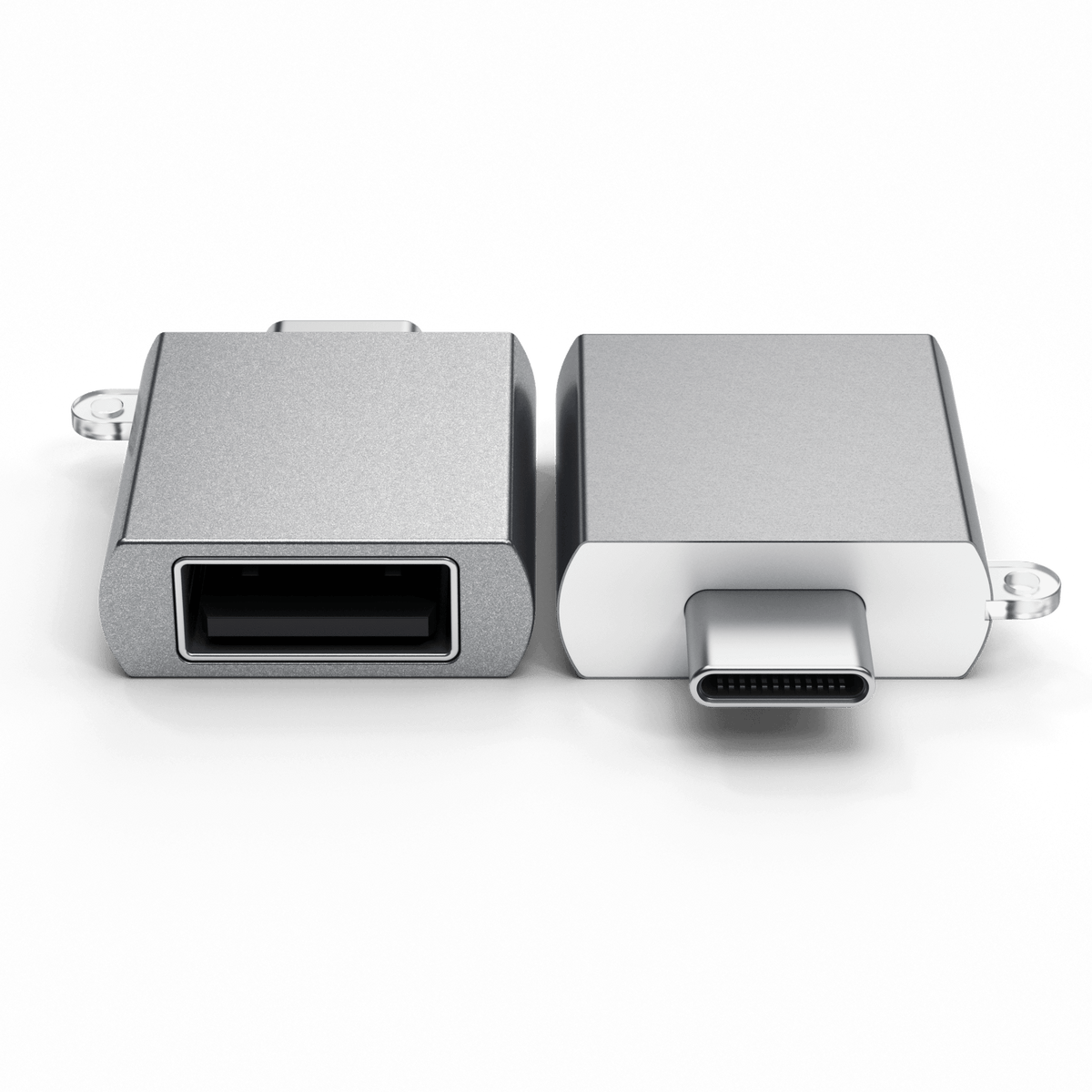 Aluminum USB-C to USB-A 3.0 Adapter in Space Gray, both ends side by side