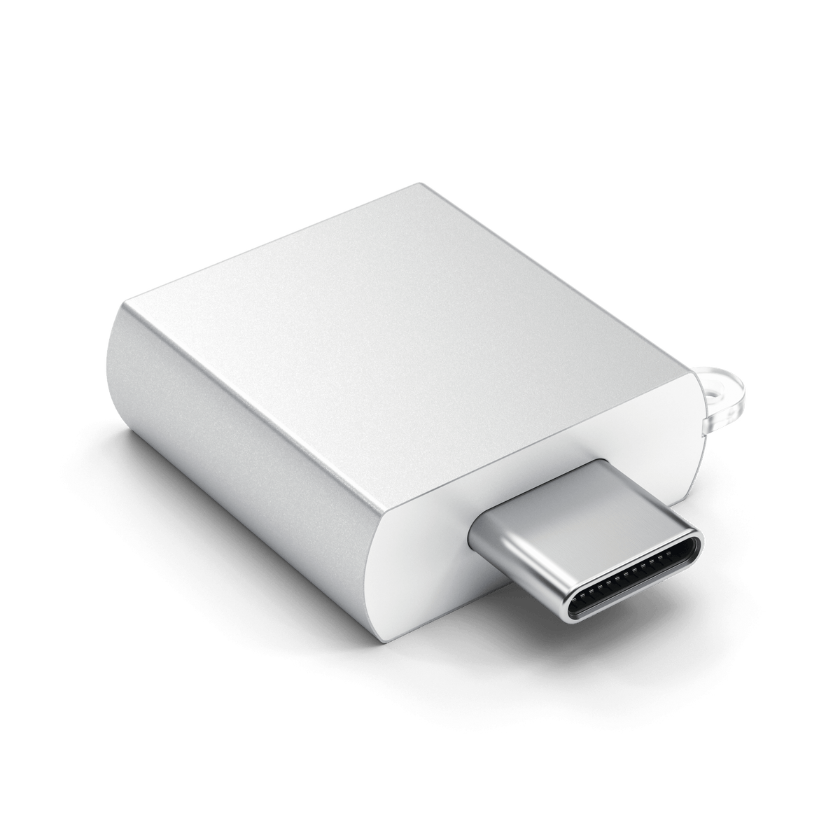 Aluminum USB-C to USB-A 3.0 Adapter in Silver, angled view of USB-C connector