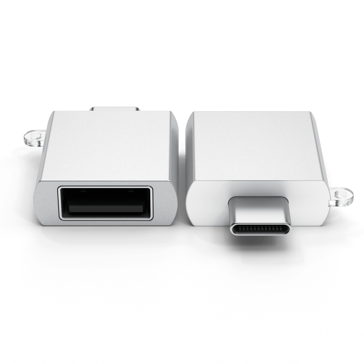 Aluminum USB-C to USB-A 3.0 Adapter in Silver, both ends side by side