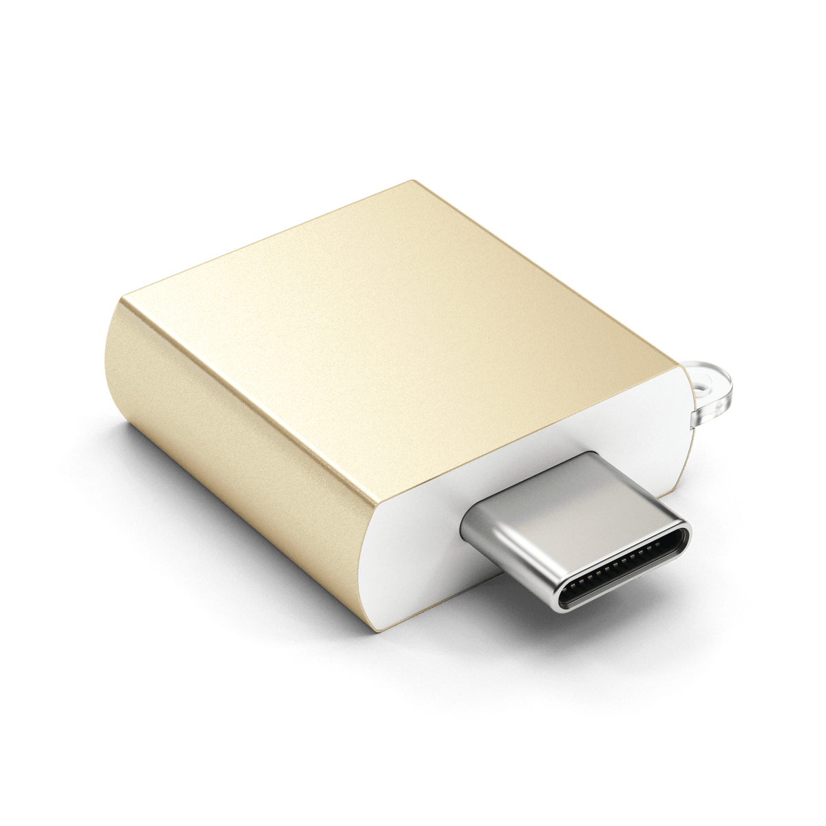 Aluminum USB-C to USB-A 3.0 Adapter in Gold, angled view of USB-C connector