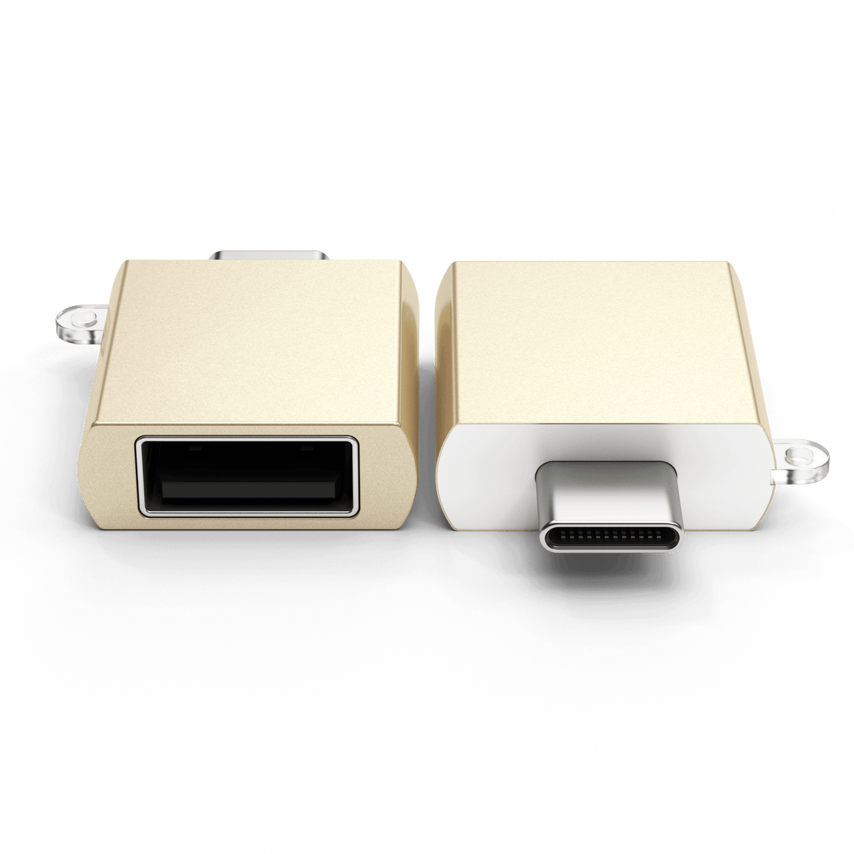 Aluminum USB-C to USB-A 3.0 Adapter in Gold, both ends side by side