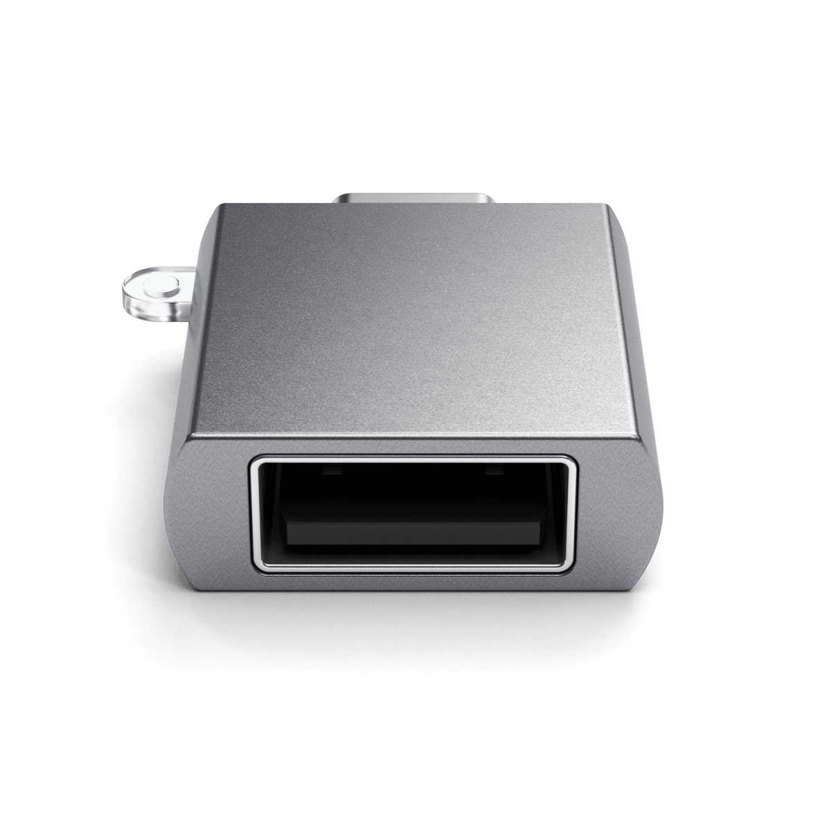 Aluminum USB-C to USB-A 3.0 Adapter in Space Gray, front view of USB-A port