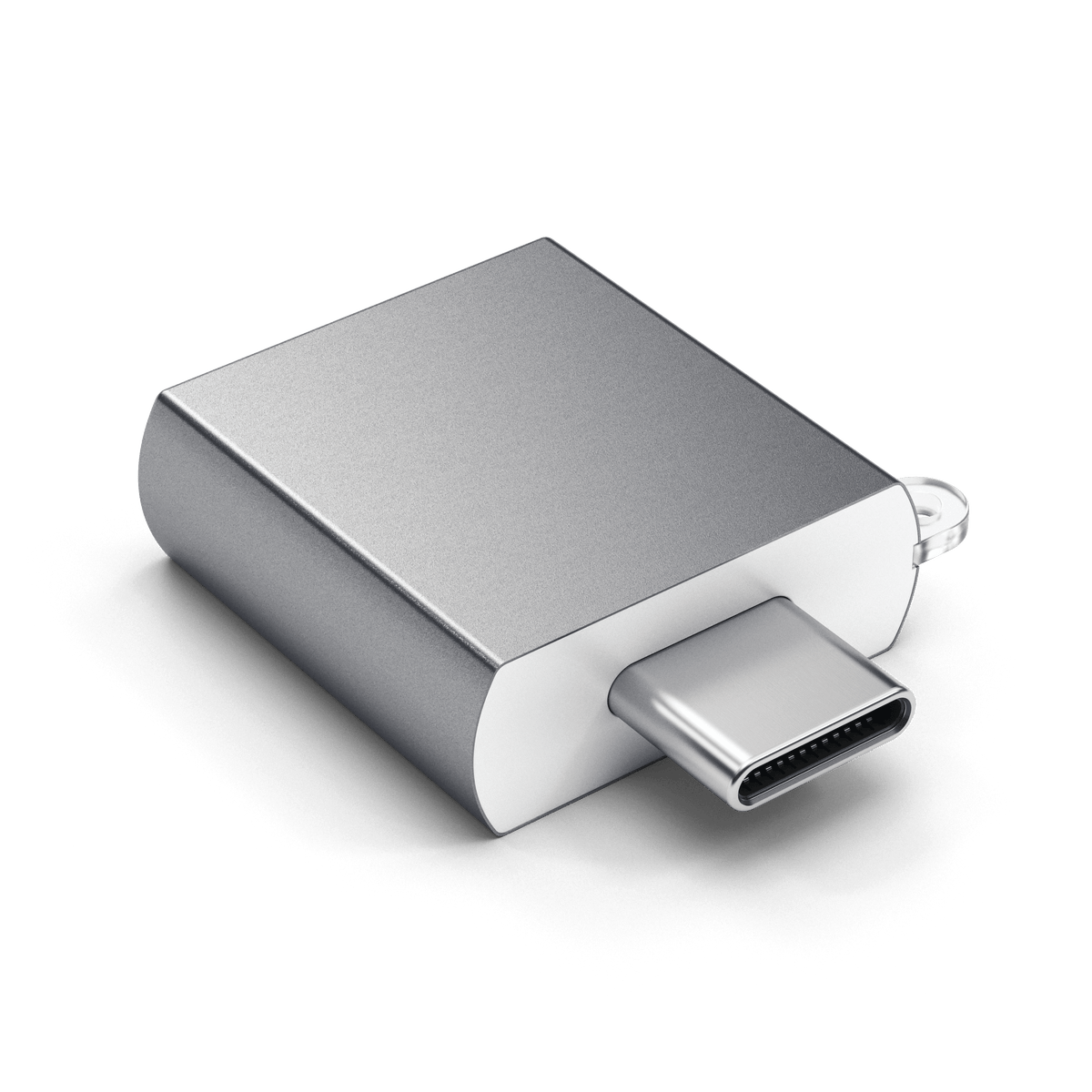 Aluminum USB-C to USB-A 3.0 Adapter in Space Gray, angled view of USB-C connector