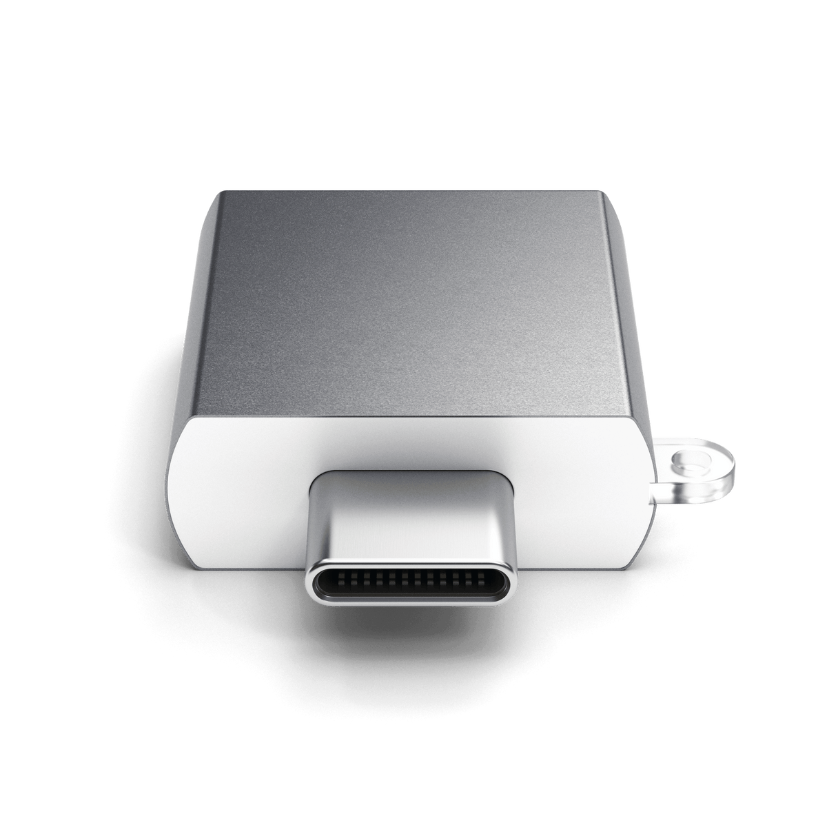 Aluminum USB-C to USB-A 3.0 Adapter in Space Gray, view of USB-C connector
