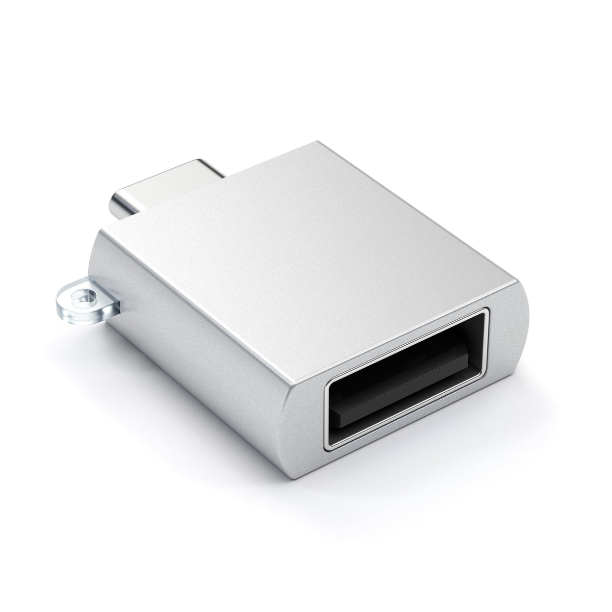 Satechi Aluminum USB-C to USB-A 3.0 Adapter in Silver, angled view of USB-A port