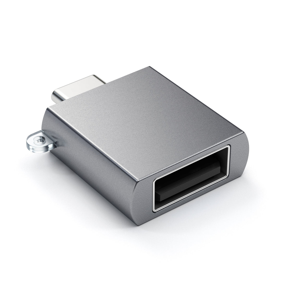 Satechi Aluminum USB-C to USB-A 3.0 Adapter in Space Gray, angled view of USB-A port