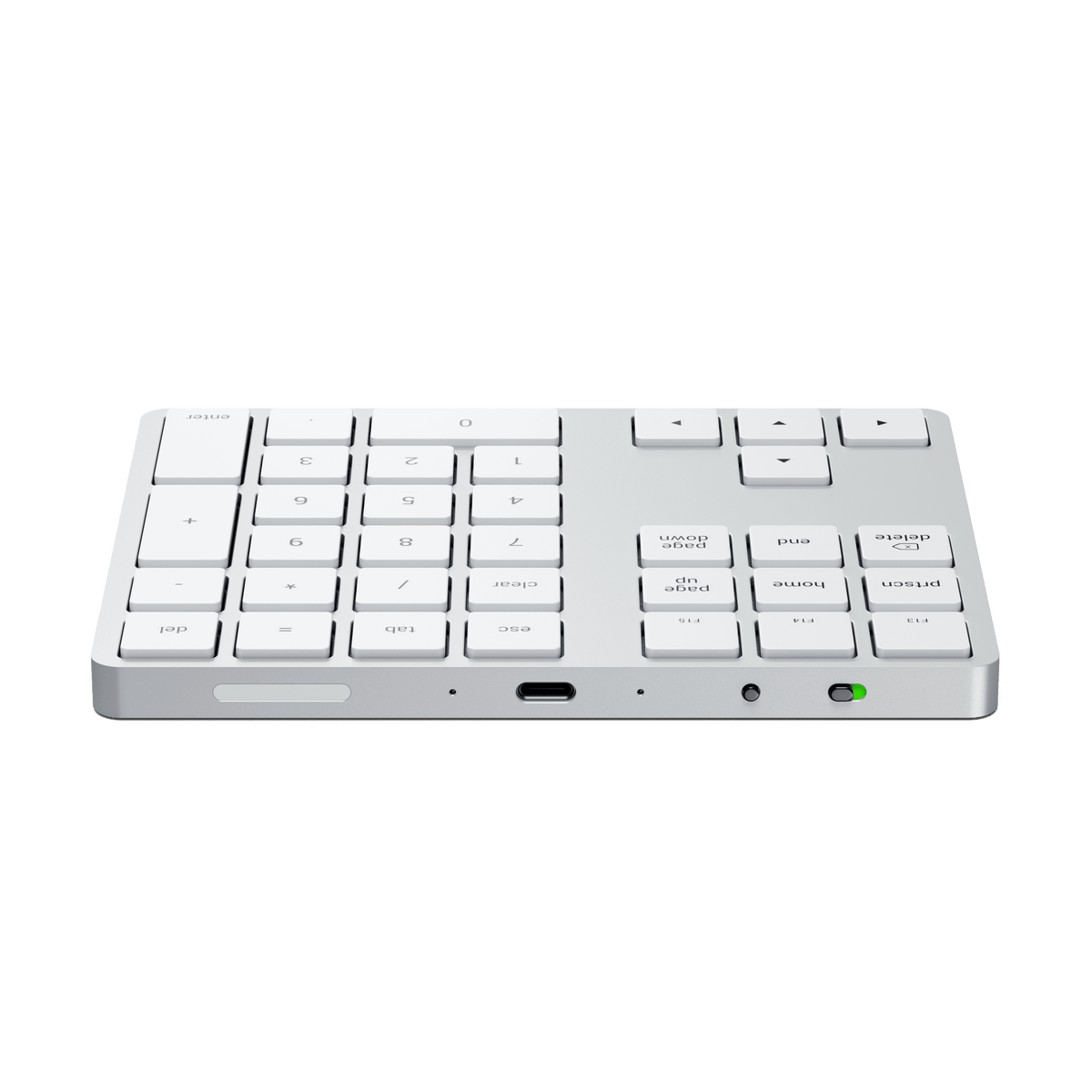 Bluetooth Extended Keypad in Silver, back edge view showing USB-C port and power switch