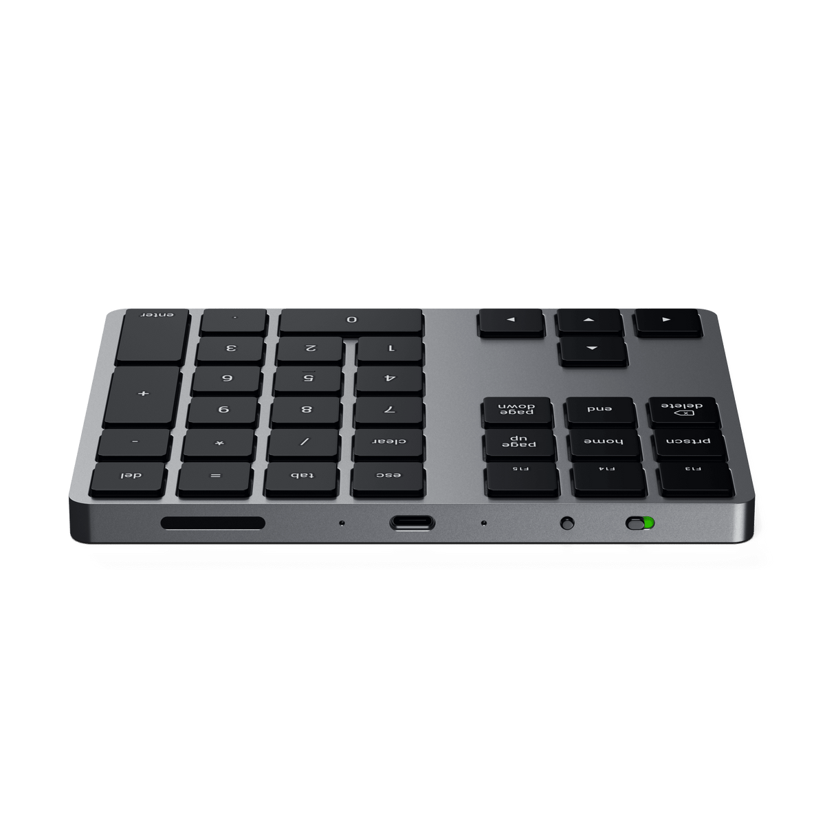 Bluetooth Extended Keypad in Space Gray, back edge view showing USB-C port and power switch