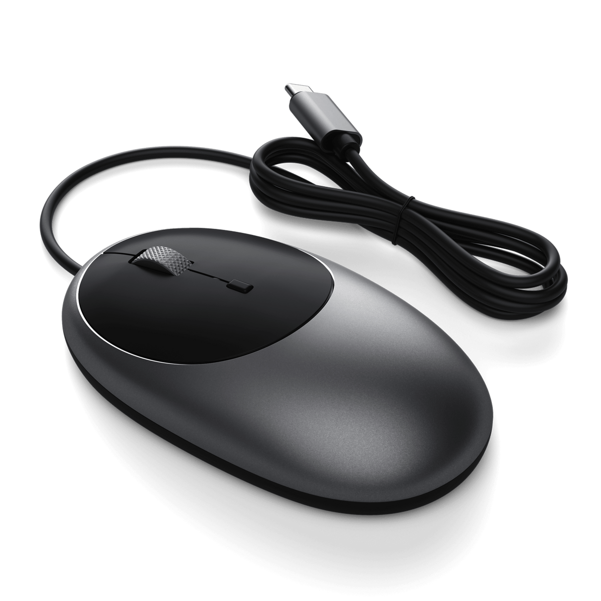 C1 USB-C Wired Mouse in Space Gray with its cable coiled